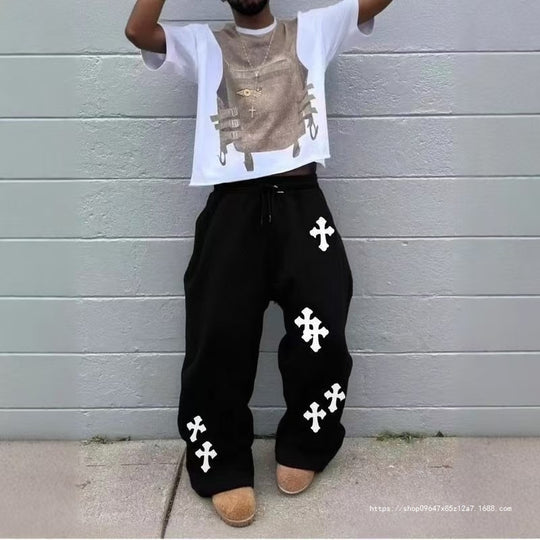 Herren Weite Sweatpants mit Gothic-Kreuz-Print, Tunnelzug & Tiefer Schritt Nord Taschen