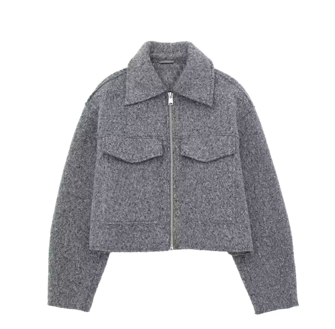 Damen Kurz geschnittene Teddyjacke mit Reißverschluss, Kragen und aufgesetzten Klappentaschen Nord Taschen