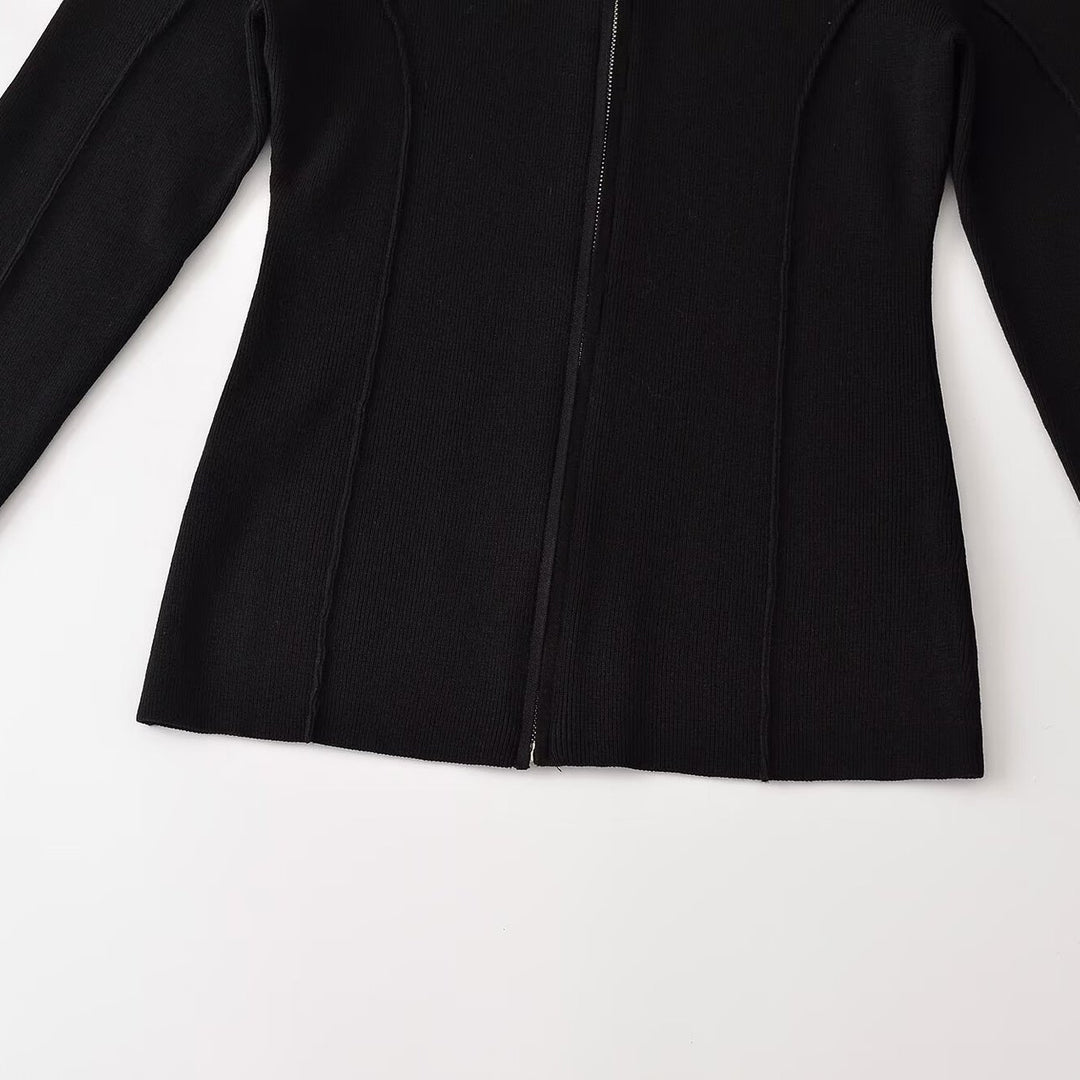 Damen Figurnah geschnittene Feinstrick-Jacke mit Stehkragen und durchgehendem Reißverschluss Nord Taschen