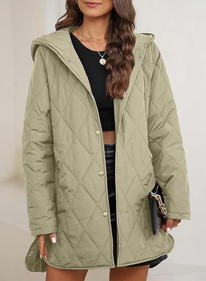 Damen gesteppte Kapuzenjacke mit Druckknopfleiste, seitlichen Schlitzen und mittlerer Länge Nord Taschen