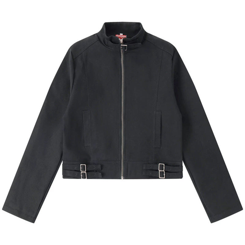Damen Kurz geschnittene Baumwoll-Utility-Jacke mit Stehkragen Frontreißverschluss und verstellbaren Taillenriemen Nord Taschen