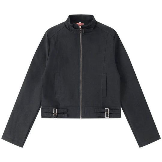 Damen Kurz geschnittene Baumwoll-Utility-Jacke mit Stehkragen Frontreißverschluss und verstellbaren Taillenriemen Nord Taschen