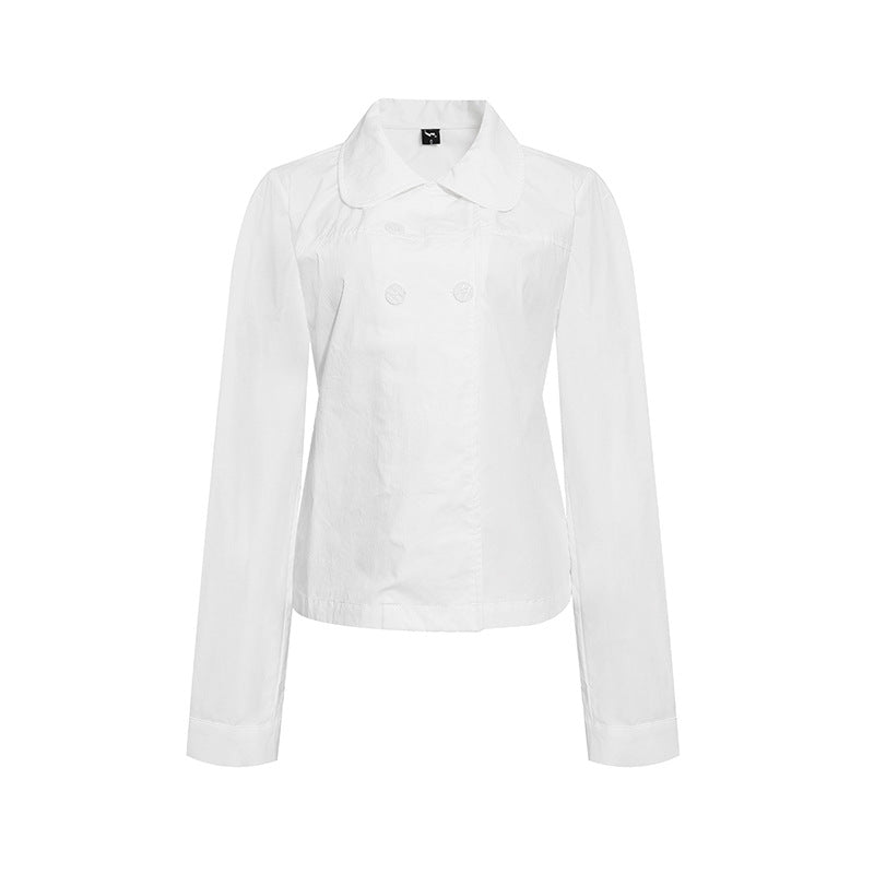 Damen Taillierte leichte Baumwoll-Blusenjacke mit Rundkragen und Doppelknopfreihe Nord Taschen