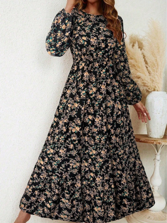 Damen Elegantes Blumenkleid mit langen Ärmeln und Rüschen Nord Taschen
