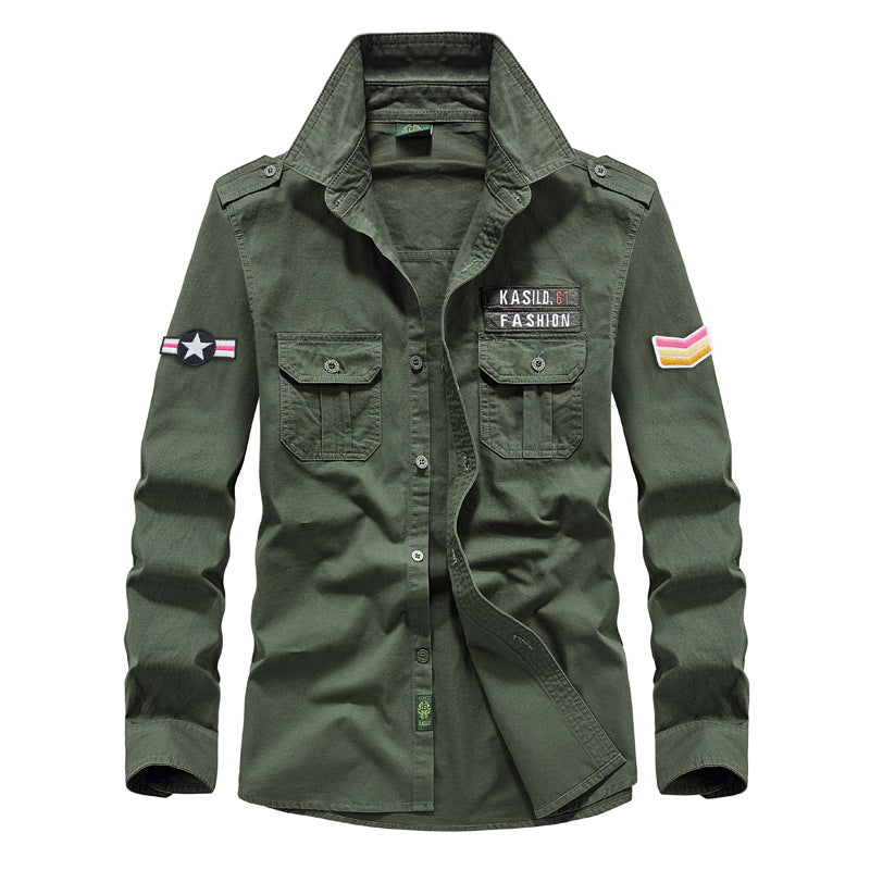 Herren  militärisches Langarm-Utility-Hemd mit aufgesetzten Brusttaschen, Schulterklappen und dekorativen Stickpatches Nord Taschen