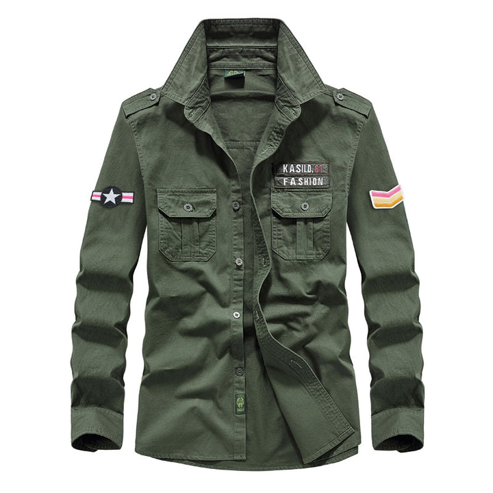 Herren  militärisches Langarm-Utility-Hemd mit aufgesetzten Brusttaschen, Schulterklappen und dekorativen Stickpatches Nord Taschen