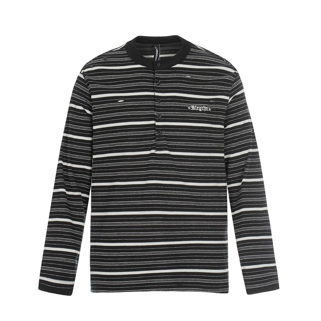 Herren Langarm-Henleyshirt mit Streifenmuster und Distressed-Details Nord Taschen