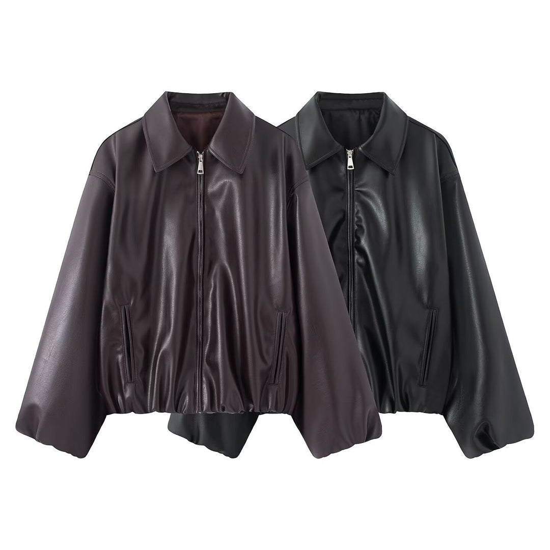 Damen Oversized Kunstleder-Blousonjacke mit Kragen, Reißverschluss und elastischem Saum Nord Taschen