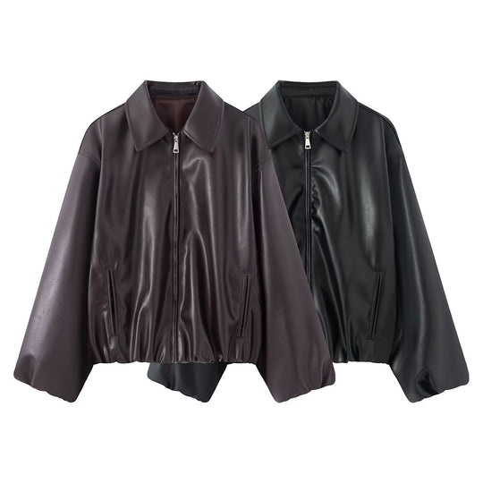 Damen Oversized Kunstleder-Blousonjacke mit Kragen, Reißverschluss und elastischem Saum Nord Taschen