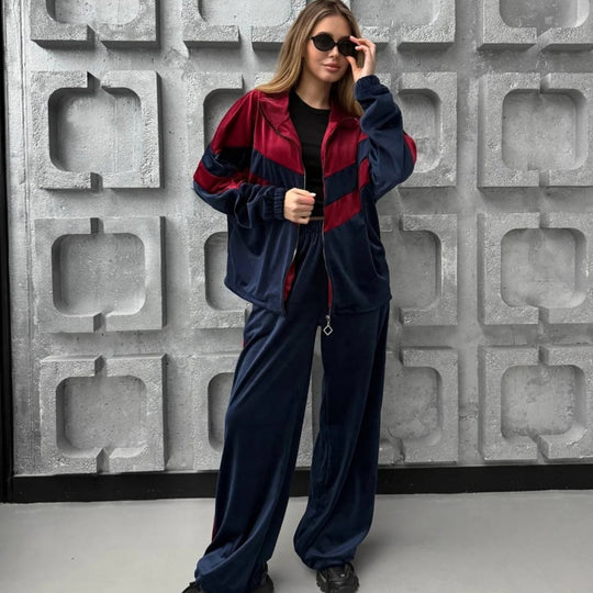 Damen Retro-inspiriertes Samt-Trackset mit Chevron-Design, Stehkragen und weiter High-Waist-Jogger Nord Taschen