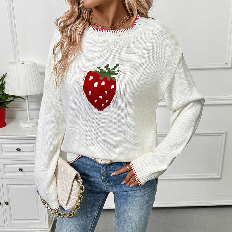 Damen Lässiger Boxy-Strickpullover mit Erdbeer‑Intarsie, geripptem Saum und Rundhalsausschnitt Nord Taschen