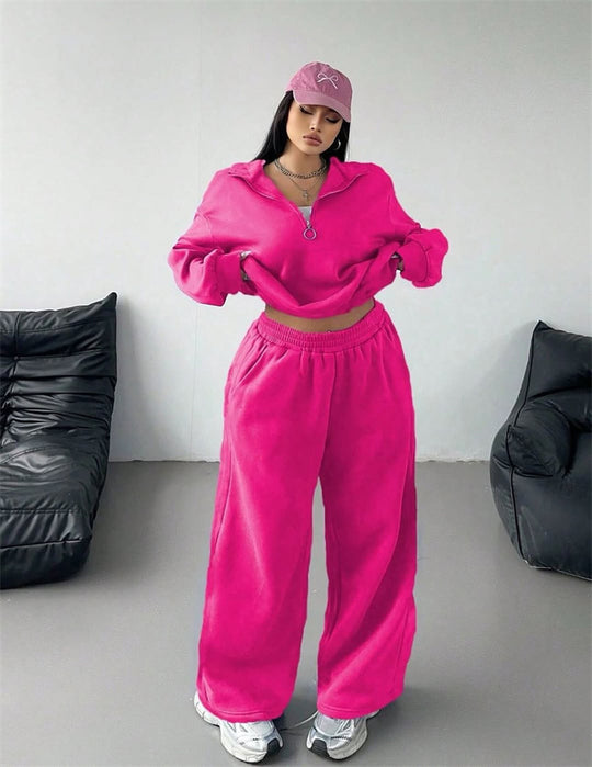 Damen Samt-Cropped-Ziphoodie und weit geschnittene High-Waist Palazzo-Jogginghose Nord Taschen