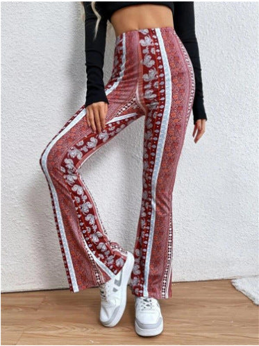 Damen Boho-florale hochgeschnittene Schlaghose aus Stretch-Jersey Nord Taschen