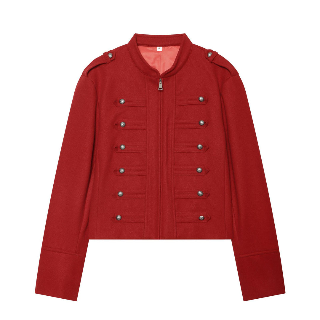 Damen Militärinspirierte Wolljacke mit Stehkragen, dekorativen Zierknopfreihen und Reißverschluss Nord Taschen