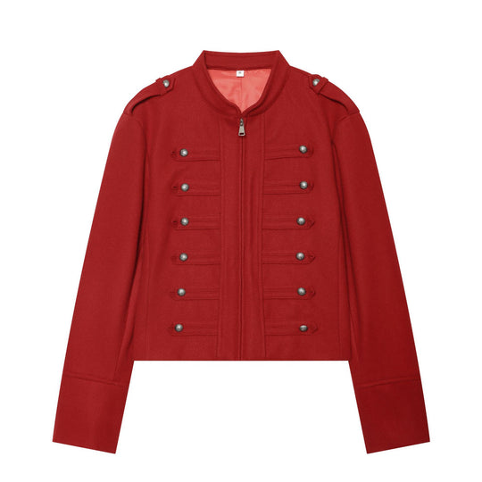 Damen Militärinspirierte Wolljacke mit Stehkragen, dekorativen Zierknopfreihen und Reißverschluss Nord Taschen