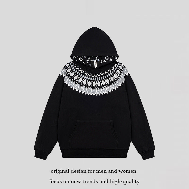 Unisex Oversize Kapuzenpullover mit nordischem Rundpasse-Jacquard, Kängurutasche und Rippbündchen Nord Taschen