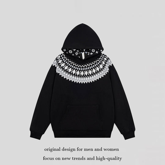 Unisex Oversize Kapuzenpullover mit nordischem Rundpasse-Jacquard, Kängurutasche und Rippbündchen Nord Taschen