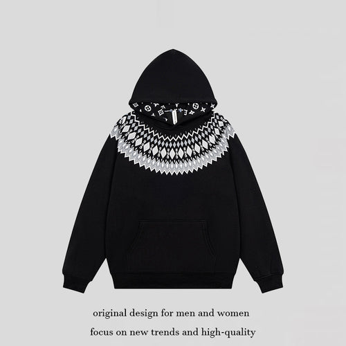 Unisex Oversize Kapuzenpullover mit nordischem Rundpasse-Jacquard, Kängurutasche und Rippbündchen Nord Taschen