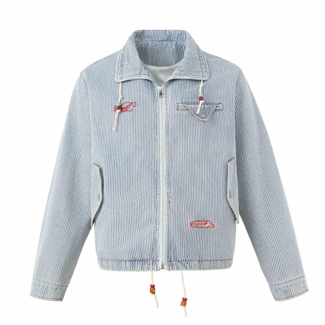Unisex Kurze gestreifte Denim-Blousonjacke mit Zierkordeln Nord Taschen