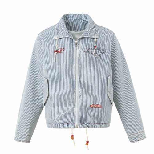 Unisex Kurze gestreifte Denim-Blousonjacke mit Zierkordeln Nord Taschen