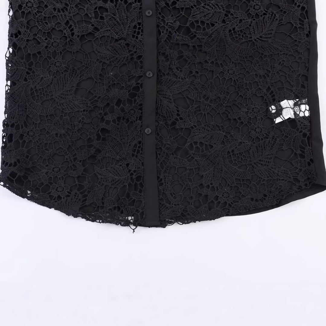 Damen Spitzenbluse mit floraler Spitze vorn, Satinärmeln und klassischem Hemdkragen Nord Taschen