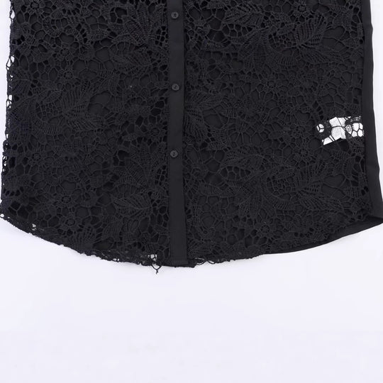 Damen Spitzenbluse mit floraler Spitze vorn, Satinärmeln und klassischem Hemdkragen Nord Taschen