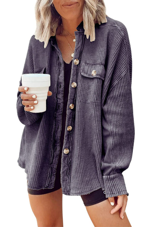 Damen Lässiges Overshirt mit Struktur und Druckknopfverschluss
