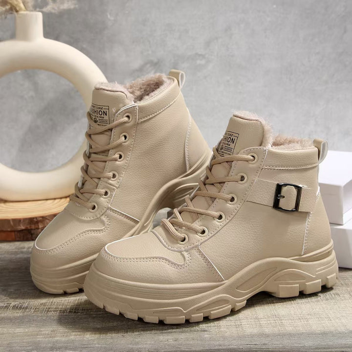 Damen  gefütterte Plateau-Schnürstiefelette mit dekorativer Metallschnalle und profilierter Gummilaufsohle Nord Taschen