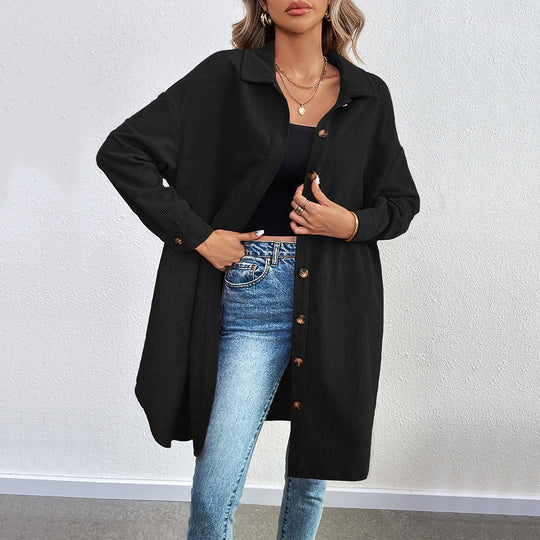 Damen lange Oversize-Cord-Hemdjacke mit durchgehender Knopfleiste und Hemdblusen-Kragen Nord Taschen