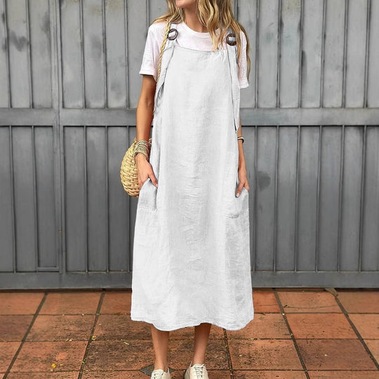 Damen lässiges Leinenkleid mit praktischen Taschen und verstellbaren Trägern