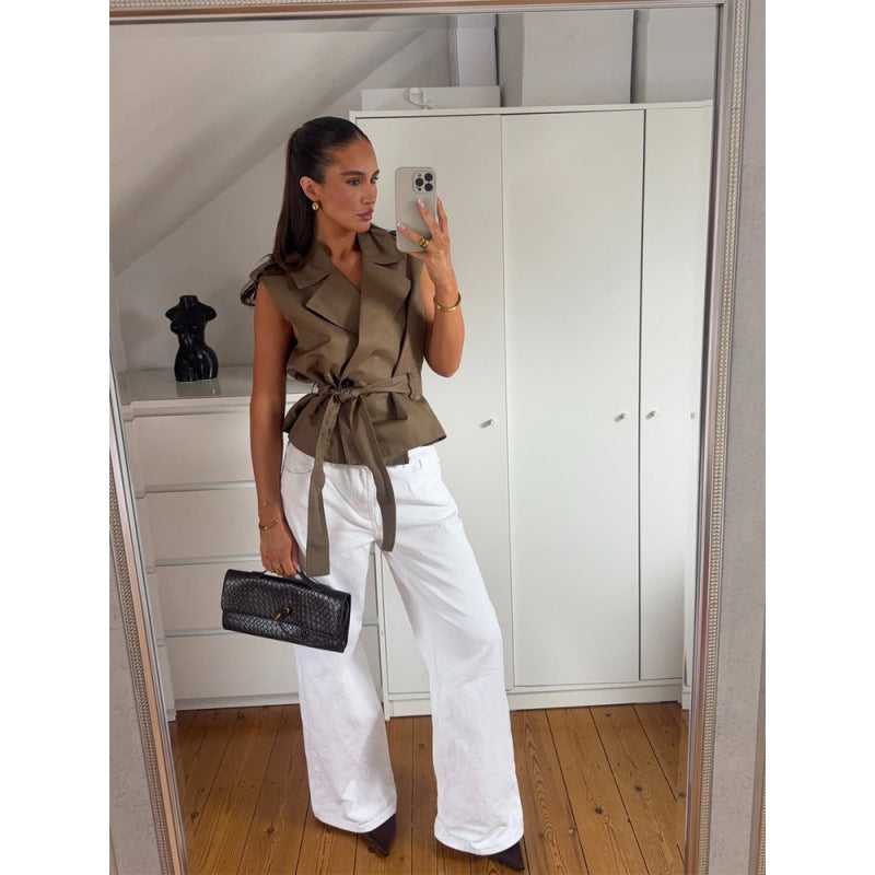 Damen Ärmellose taillierte Trench‑Weste mit Bindegürtel & Schulterpatten Nord Taschen