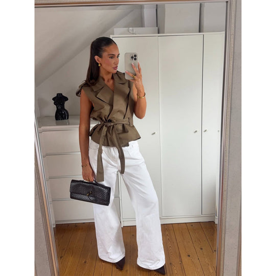 Damen Ärmellose taillierte Trench‑Weste mit Bindegürtel & Schulterpatten Nord Taschen