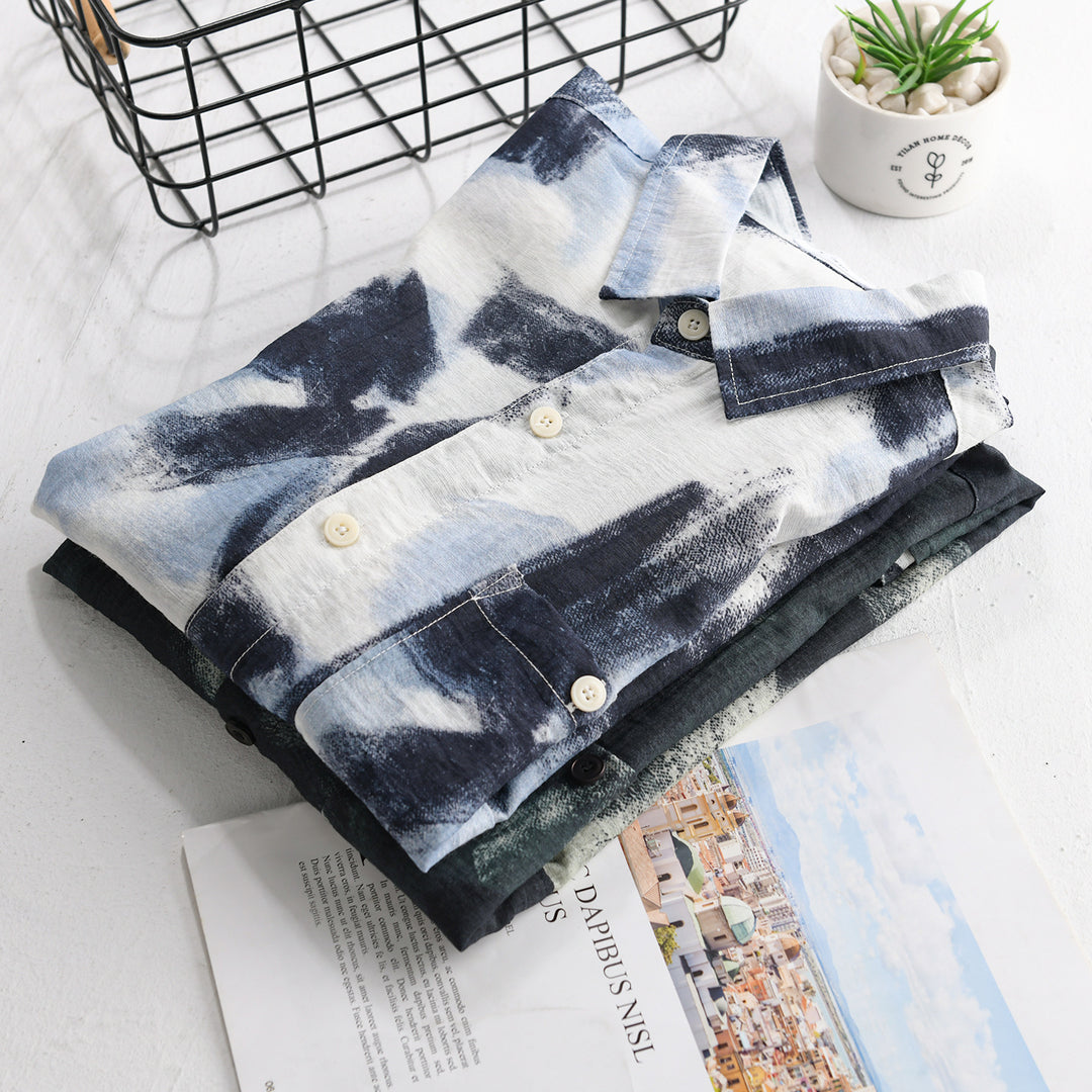 Herren Langarm-Hemdjacke mit abstraktem Pinselprint und feiner Crinkle‑Struktur Nord Taschen
