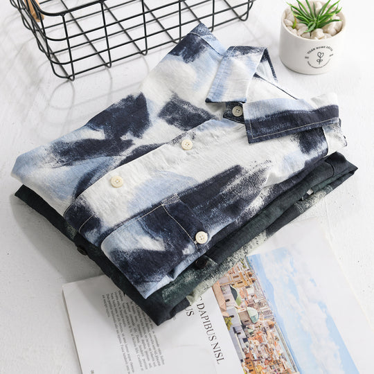 Herren Langarm-Hemdjacke mit abstraktem Pinselprint und feiner Crinkle‑Struktur Nord Taschen