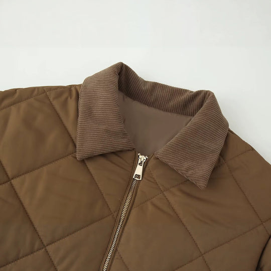 Damen Langer gesteppter Mantel mit Cordkragen und Reißverschluss Nord Taschen