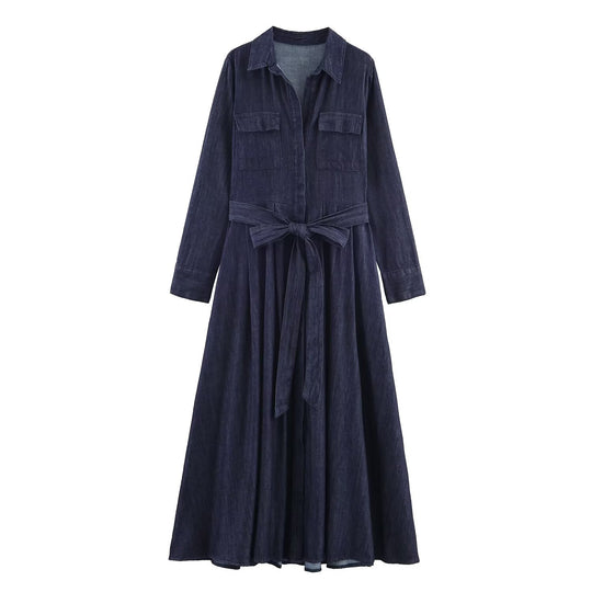 Damen Langes Denim-Hemdblusenkleid mit Taillenband und aufgesetzten Brusttaschen Nord Taschen
