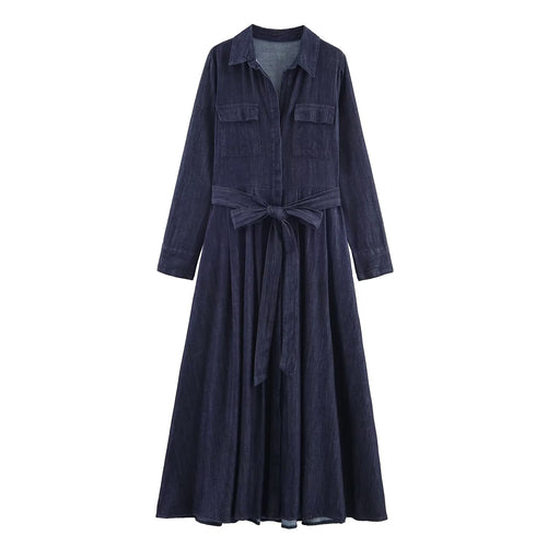 Damen Langes Denim-Hemdblusenkleid mit Taillenband und aufgesetzten Brusttaschen Nord Taschen