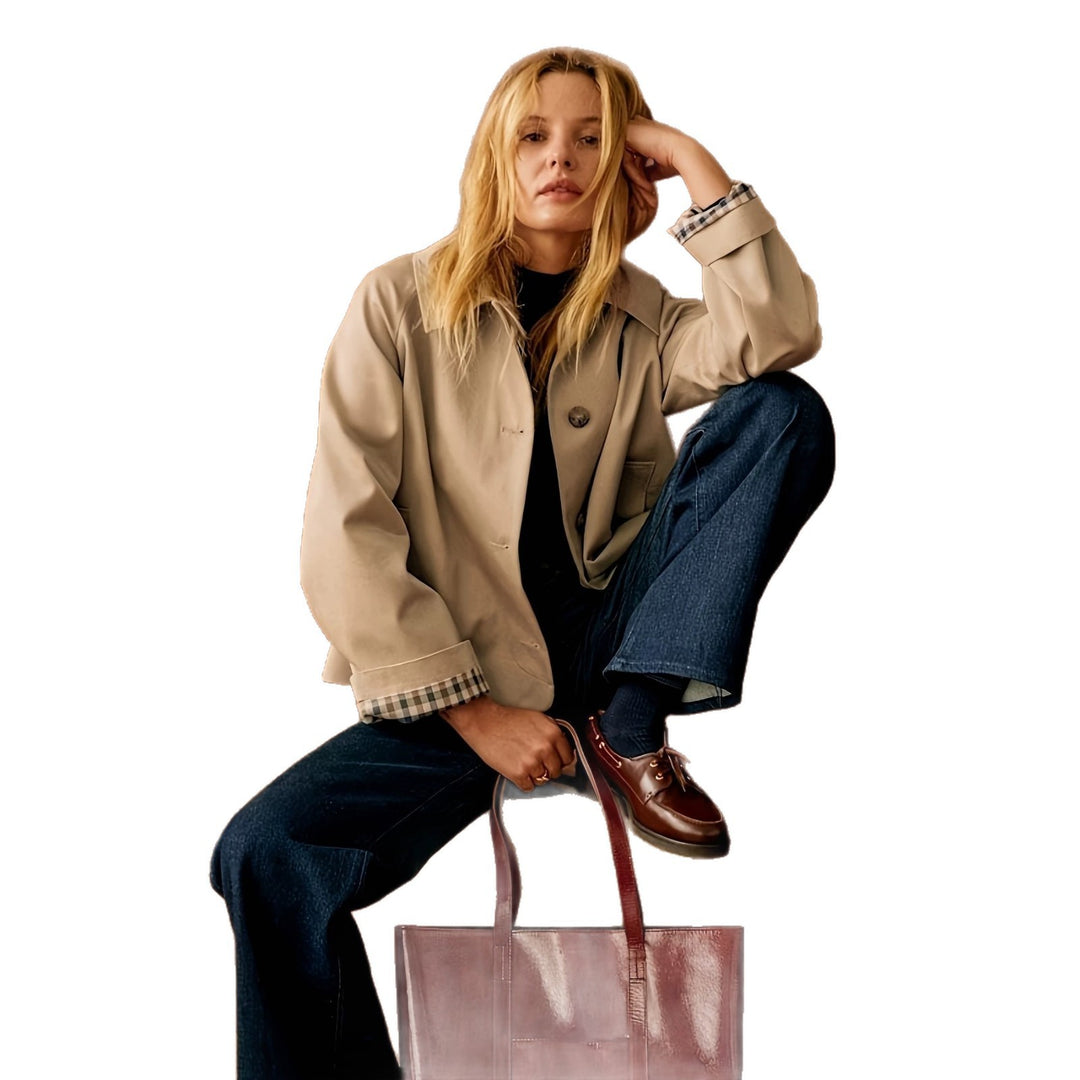 Damen Boxy-Shortcoat mit übergroßem Revers und Karomanschetten Nord Taschen