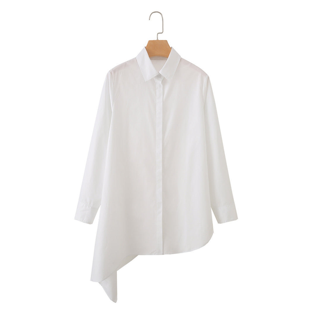 Damen Asymmetrische Oversize-Hemdbluse mit seitlichem Drape und verdeckter Knopfleiste Nord Taschen
