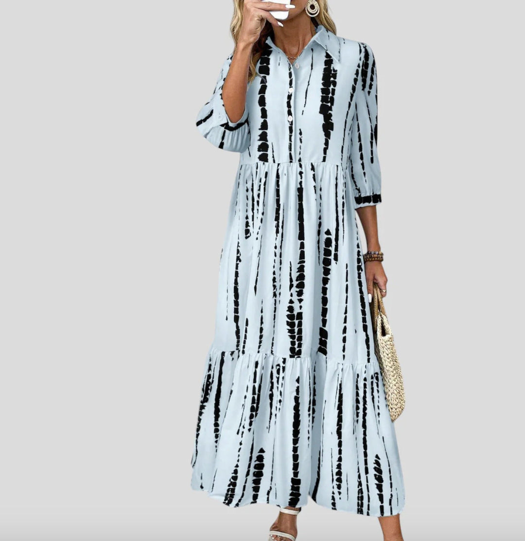 Damen Langarm Maxikleid mit modernen Streifenmuster und Taschen