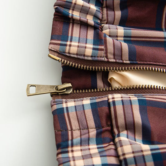 Damen Karierte Cropped-Übergangsjacke mit Reißverschluss, Kunstlederkragen und elastischem Saum Nord Taschen