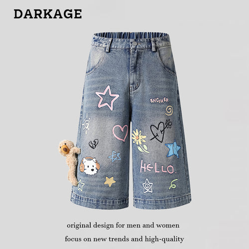 Damen Verspielte Denim-Culotte-Shorts mit hohem Komfortbund, Allover-Doodle-Print & Teddy-Anhänger Nord Taschen