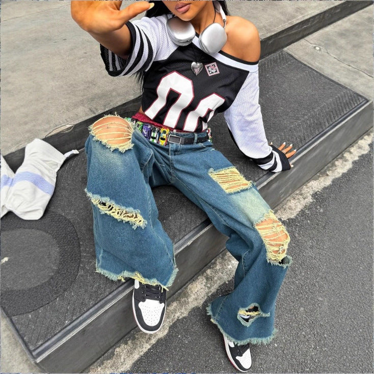 Damen weite Destroyed-Denim-Jeans mit Neonfransen-Applikation Nord Taschen