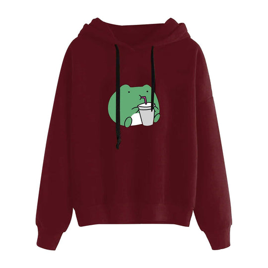 Damen nan kurz geschnittener Cropped-Kapuzenpullover mit niedlicher Frosch-Illustration und verstellbarer Kapuze Nord Taschen