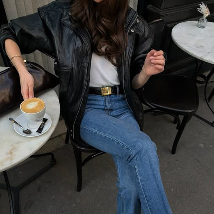 Damen Gerade geschnittene Jeans mit hoher Taille, rohem Saum und leichtem Bootcut Nord Taschen