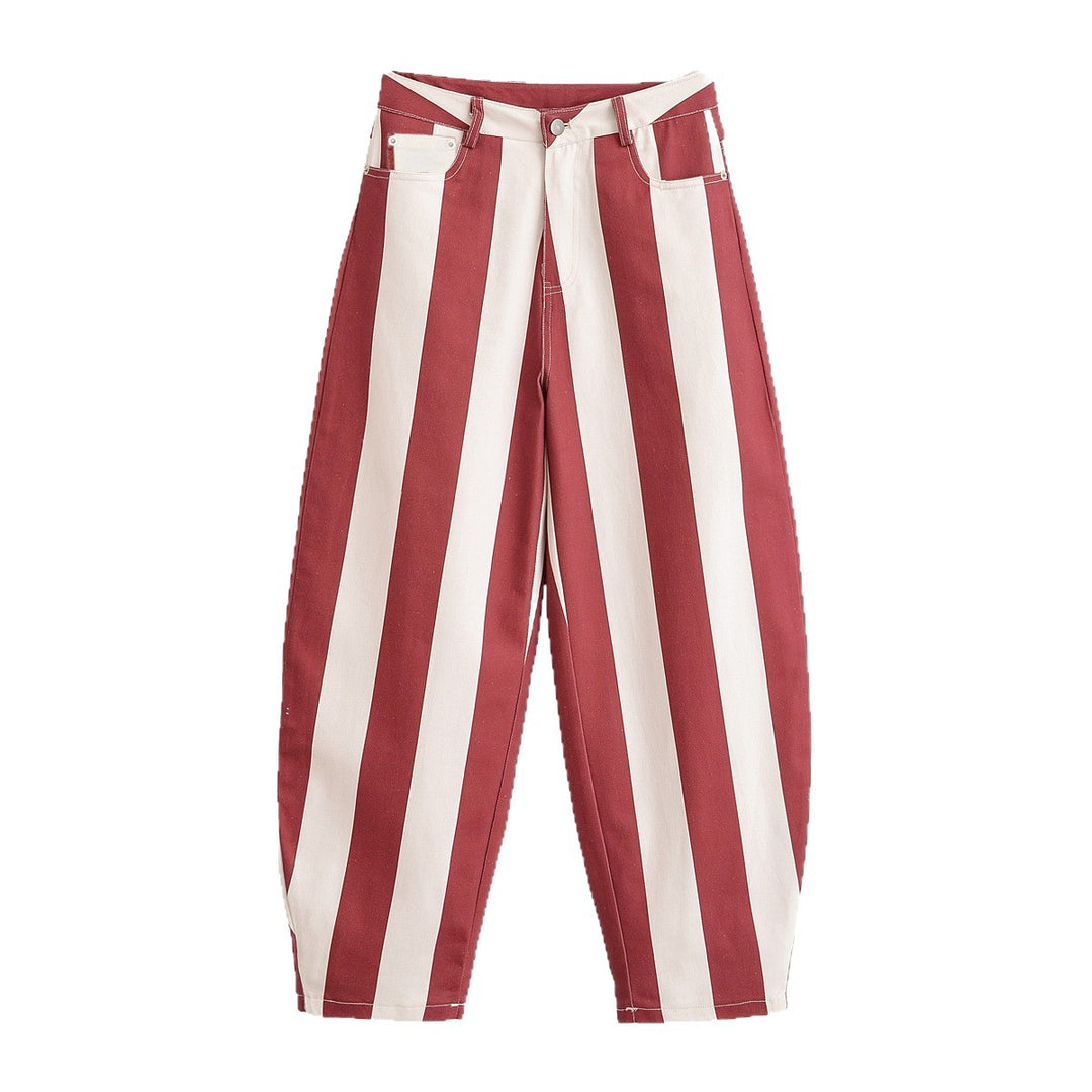 Damen Weite High‑Waist‑Hose mit maritimen Blockstreifen und tapered Bein Nord Taschen