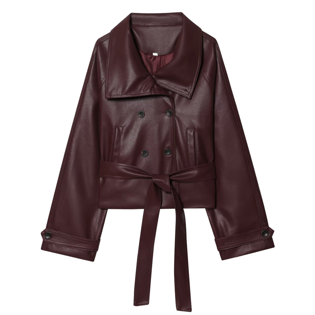 Damen Kurz geschnittener Kunstleder-Trenchcoat mit übergroßem Revers, doppelreihiger Knopfleiste und Bindegürtel Nord Taschen