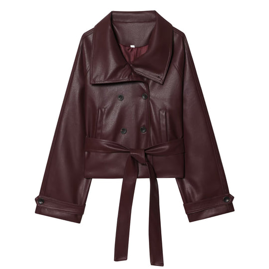 Damen Kurz geschnittener Kunstleder-Trenchcoat mit übergroßem Revers, doppelreihiger Knopfleiste und Bindegürtel Nord Taschen
