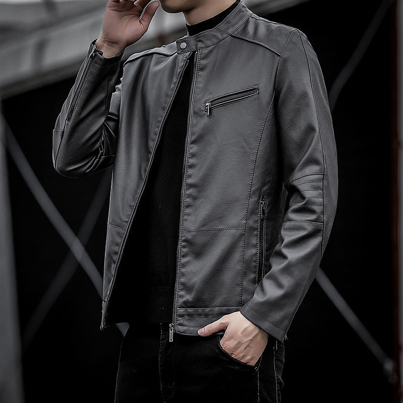 Herren Slim-Fit Kunstleder-Motojacke mit Stehkragen und Reißverschlussdetails Nord Taschen