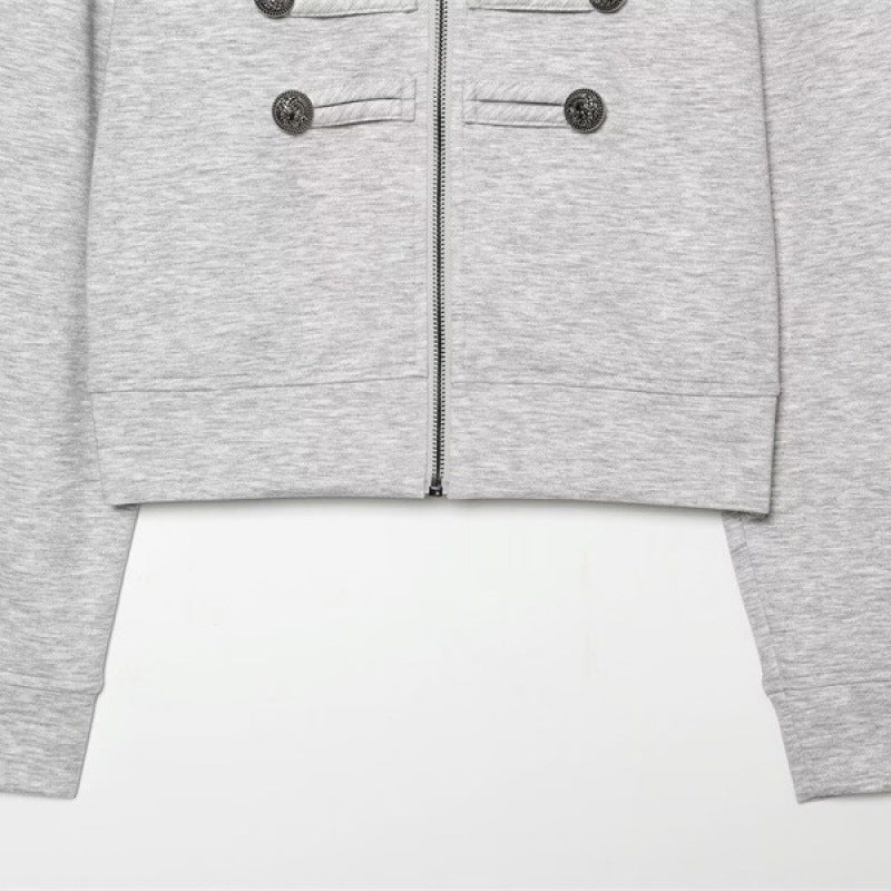 Damen Kurze Sweatjacke im Military-Stil mit Stehkragen und Zierknopfdetails Nord Taschen